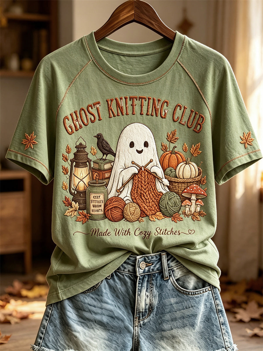 Ghost Knitting Club T-Shirt Autumn Halloween Shirt Cool Halloween Clothes