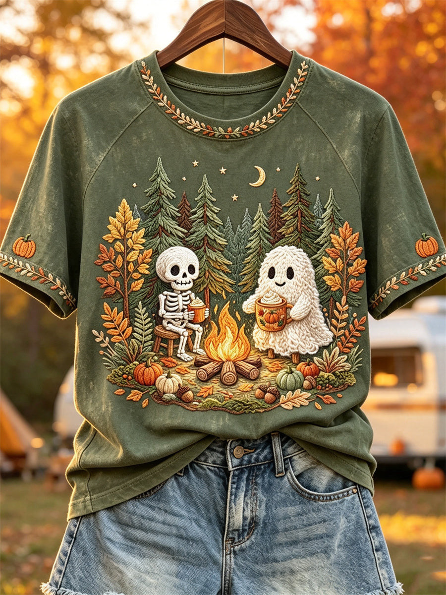 Skeleton And Ghost Camping T-Shirt Halloween Autumn Merch Cozy Halloween Gift Ideas