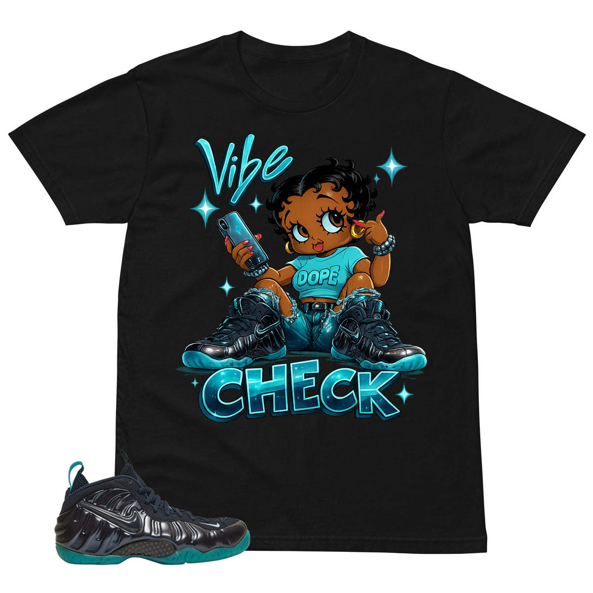 Vibe Check Shirt to Matching Foams Pro Aqua