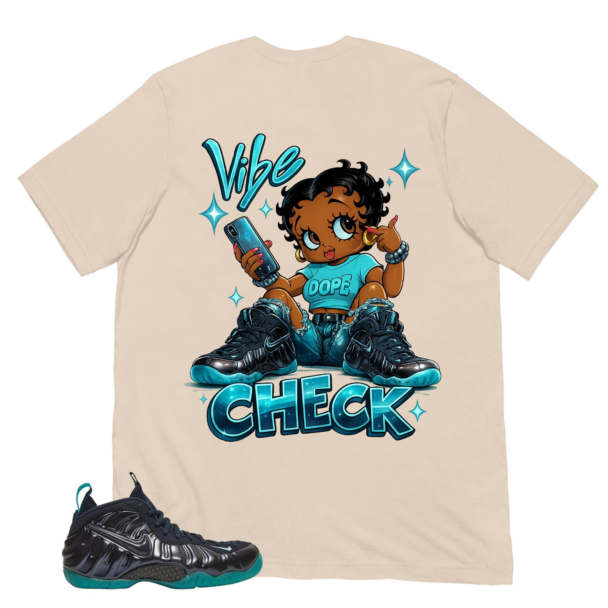 Vibe Check Shirt to Matching Foams Pro Aqua