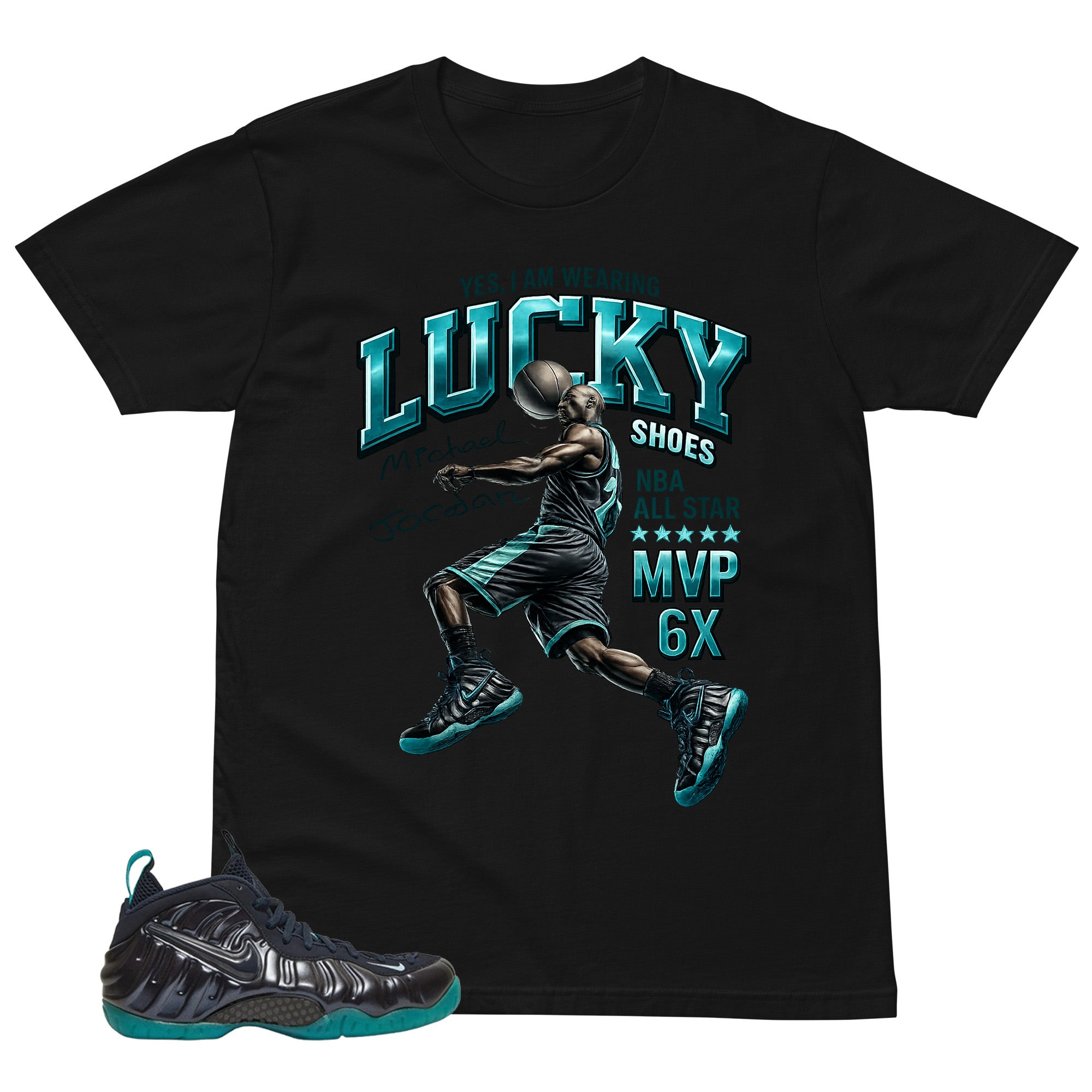 I Wear Lucky Shoe MJ Shirt to Matching Foams Pro Aqua