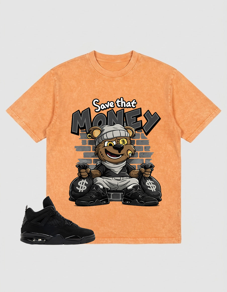 Black Cat 4s Zadago Washed T-shirt Save That Money Graphic