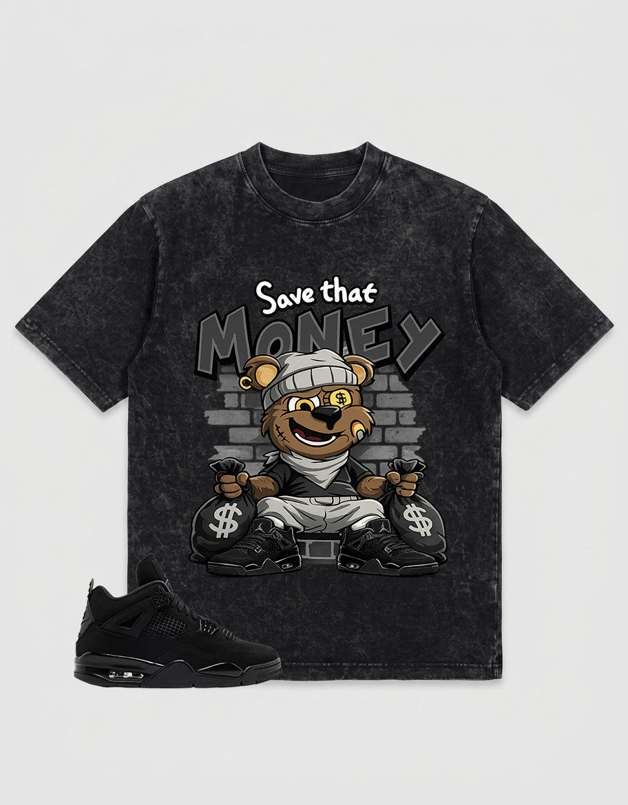 Black Cat 4s Zadago Washed T-shirt Save That Money Graphic