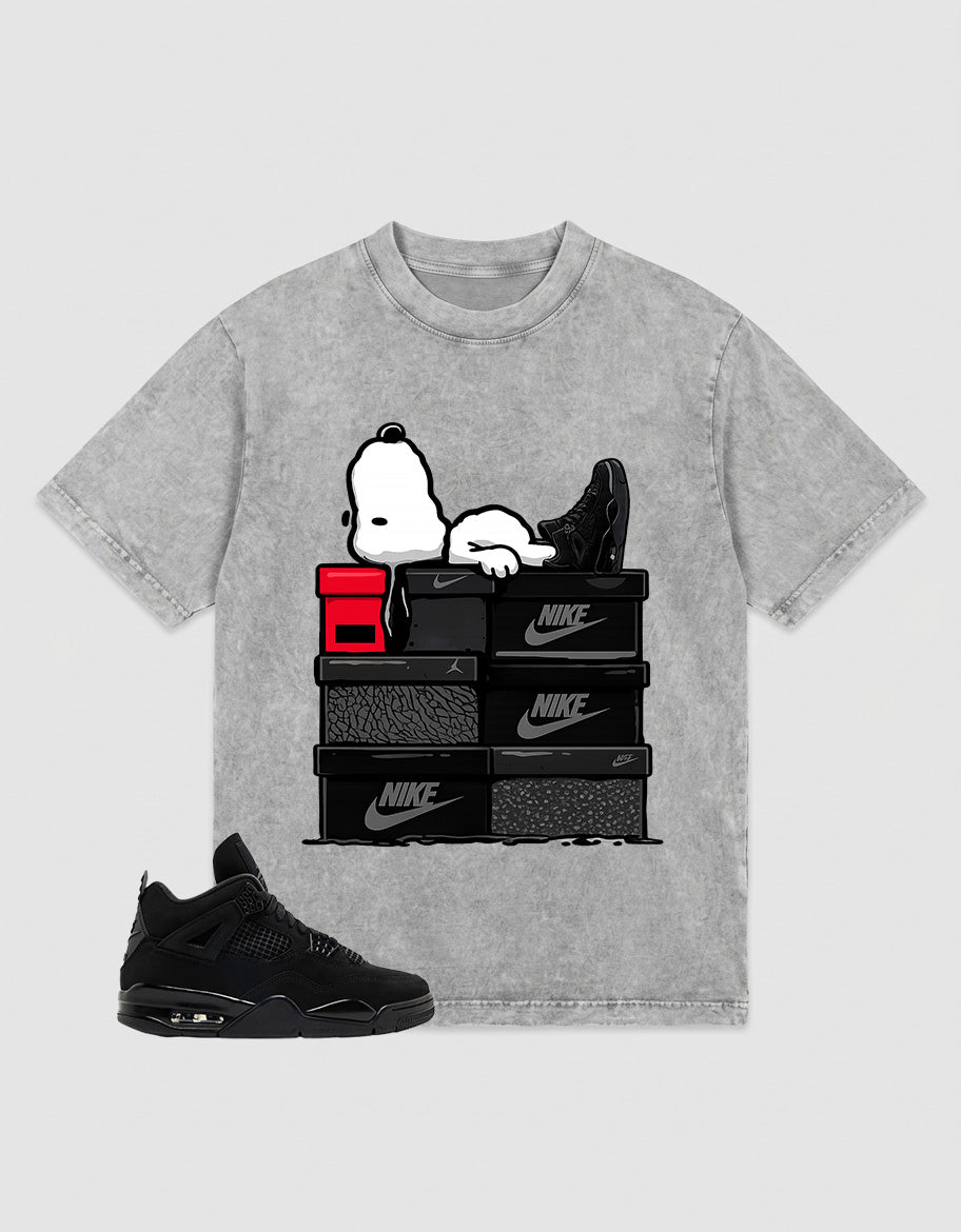 Black Cat 4s Zadago Washed T-shirt Snoopy Chilling Graphic