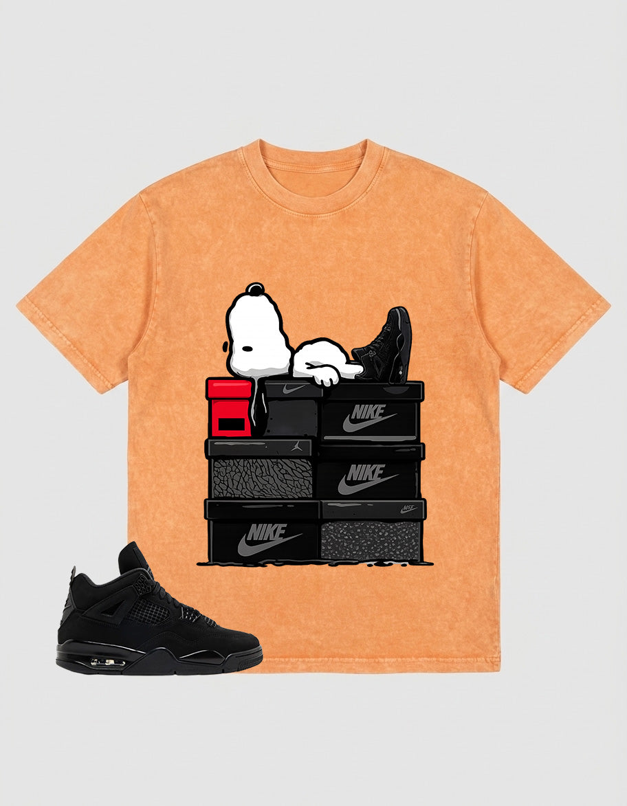 Black Cat 4s Zadago Washed T-shirt Snoopy Chilling Graphic