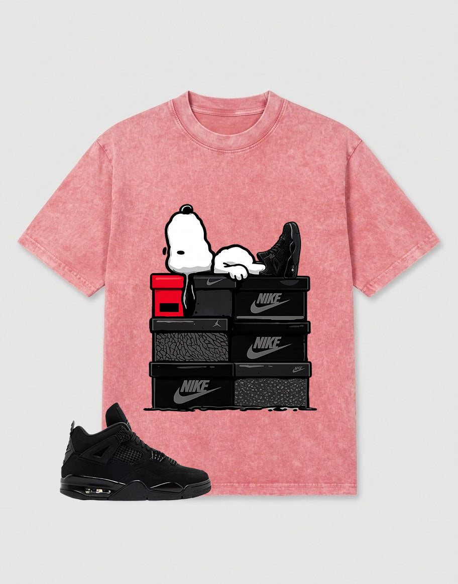 Black Cat 4s Zadago Washed T-shirt Snoopy Chilling Graphic