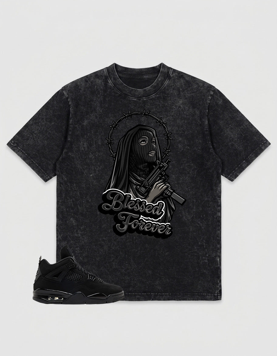 Black Cat 4s Zadago Washed T-shirt Blessed Forever Graphic