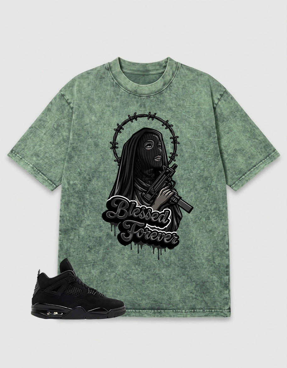 Black Cat 4s Zadago Washed T-shirt Blessed Forever Graphic