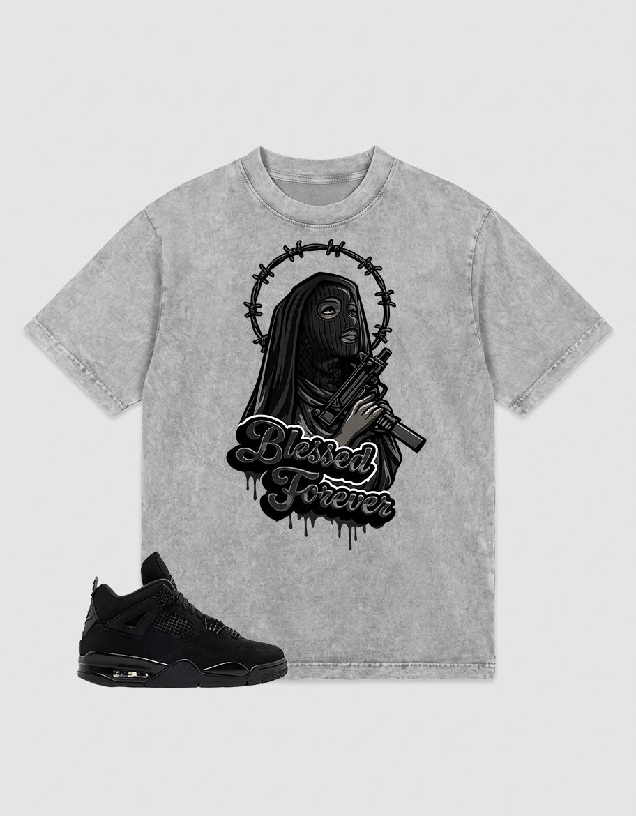 Black Cat 4s Zadago Washed T-shirt Blessed Forever Graphic