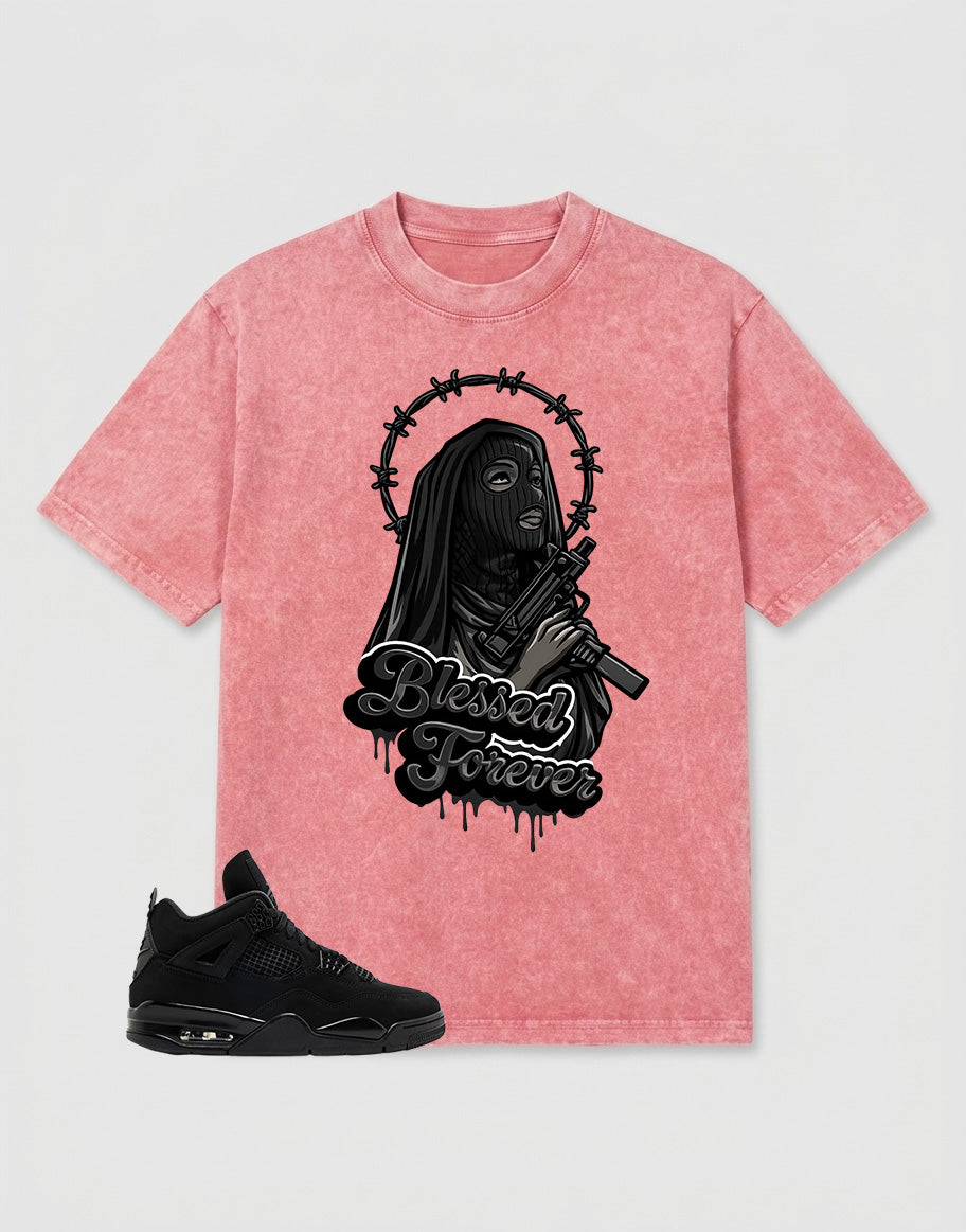 Black Cat 4s Zadago Washed T-shirt Blessed Forever Graphic
