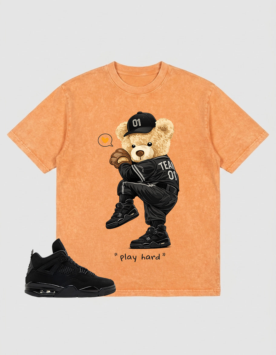 Black Cat 4s Zadago Washed T-shirt Play Hard Bear Graphic