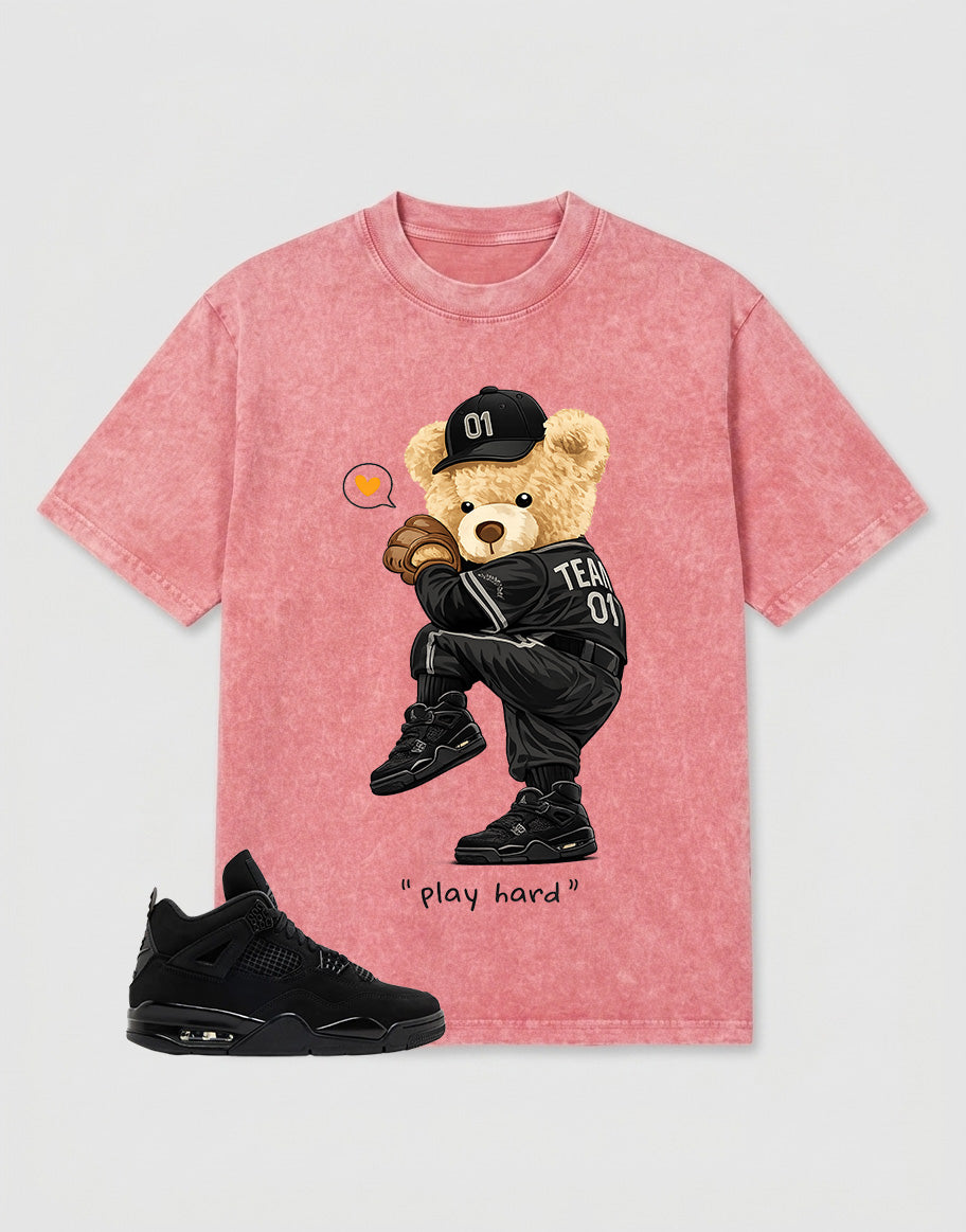 Black Cat 4s Zadago Washed T-shirt Play Hard Bear Graphic