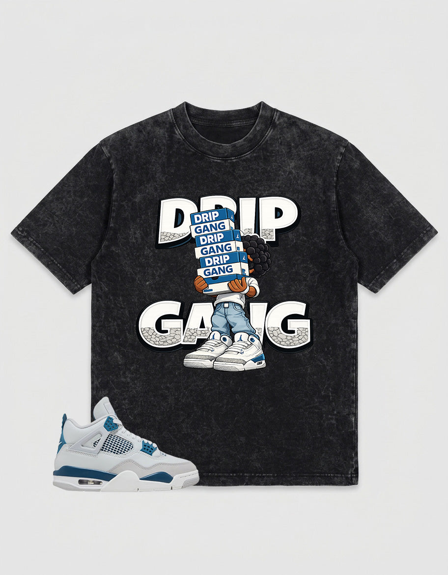 Military Blue 4s Zadago Washed T-shirt Drip Gang Graphic