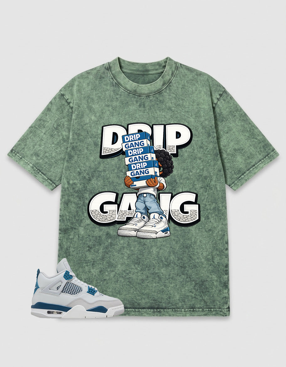 Military Blue 4s Zadago Washed T-shirt Drip Gang Graphic