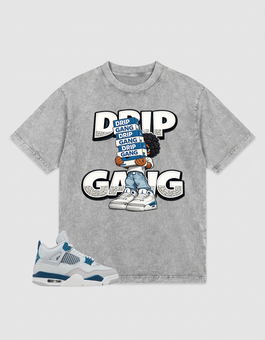 Military Blue 4s Zadago Washed T-shirt Drip Gang Graphic
