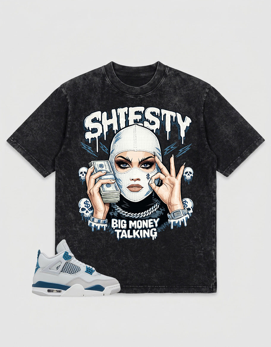 Military Blue 4s Zadago Washed T-shirt Shiesty Big Money Talking Graphic