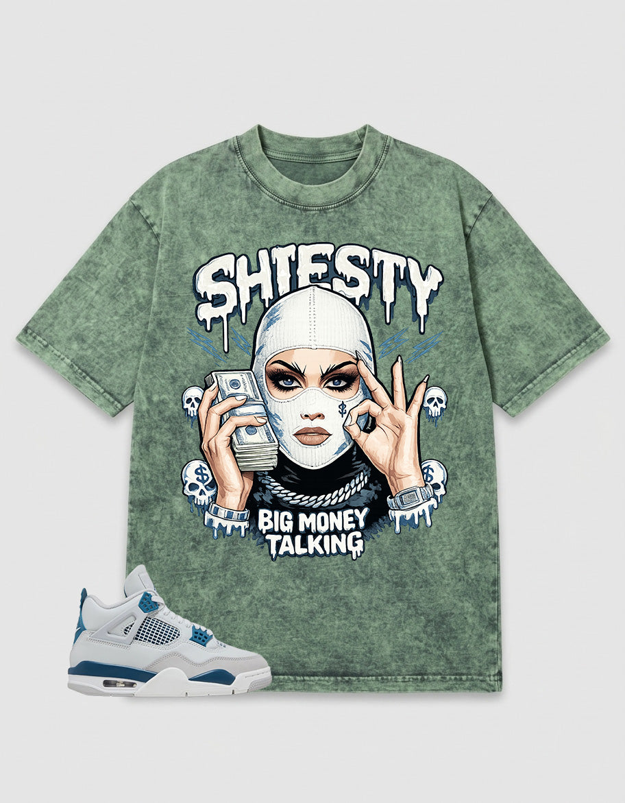Military Blue 4s Zadago Washed T-shirt Shiesty Big Money Talking Graphic