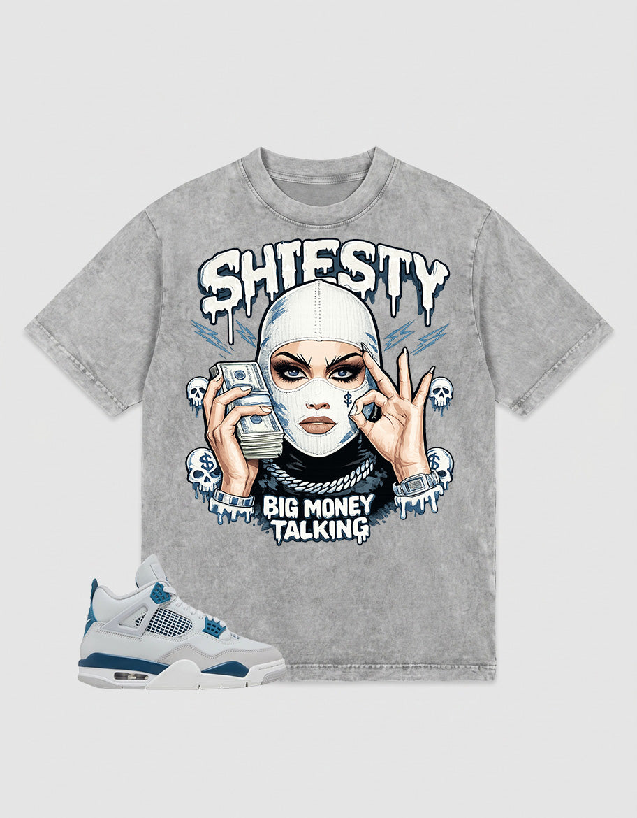 Military Blue 4s Zadago Washed T-shirt Shiesty Big Money Talking Graphic