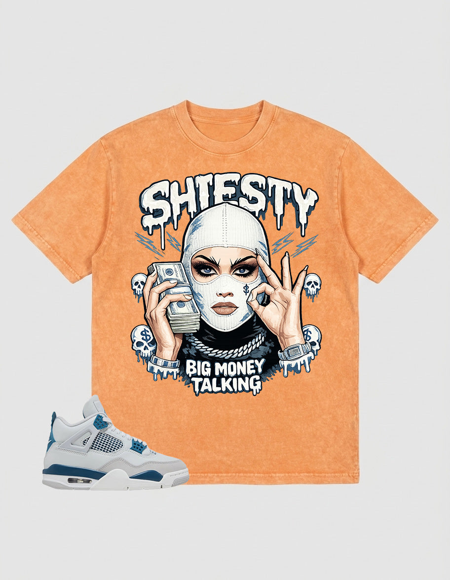 Military Blue 4s Zadago Washed T-shirt Shiesty Big Money Talking Graphic