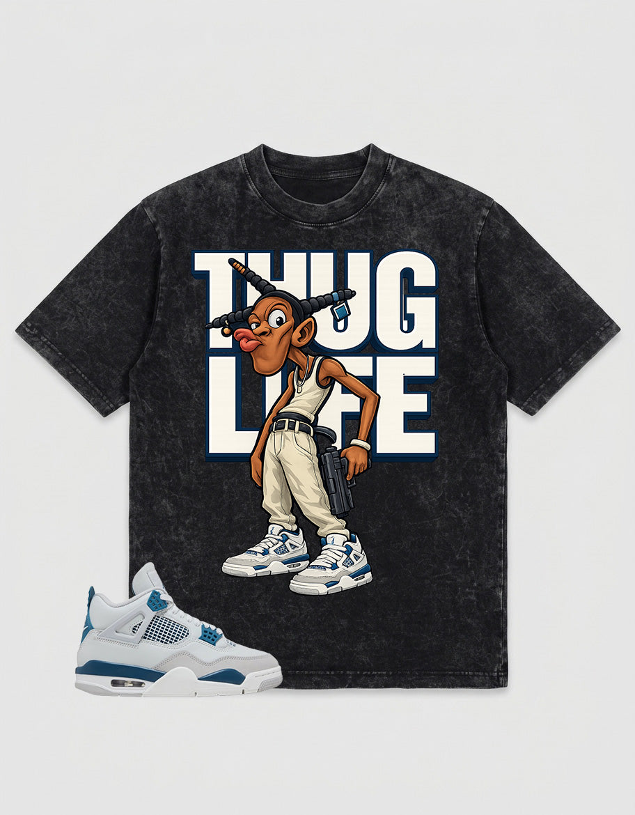 Military Blue 4s Zadago Washed T-shirt Thug Life Graphic