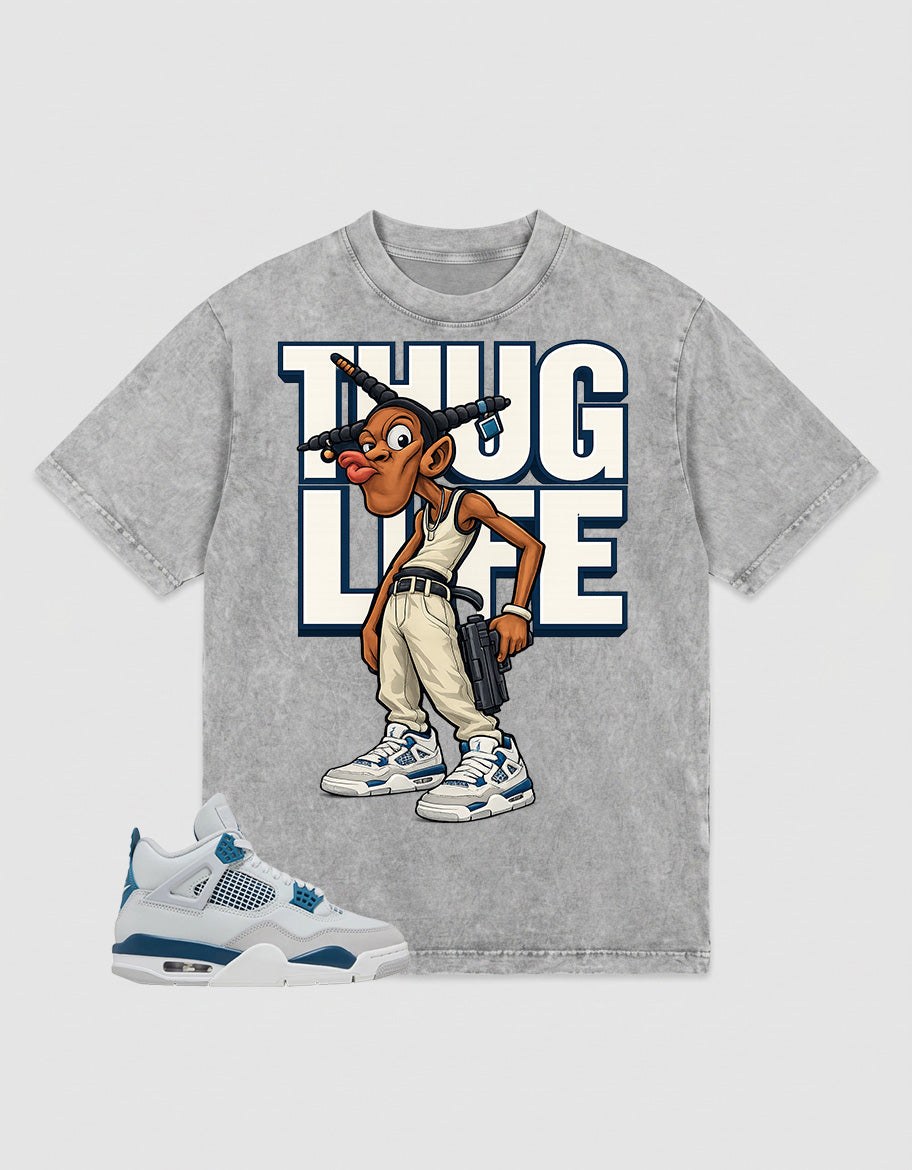Military Blue 4s Zadago Washed T-shirt Thug Life Graphic