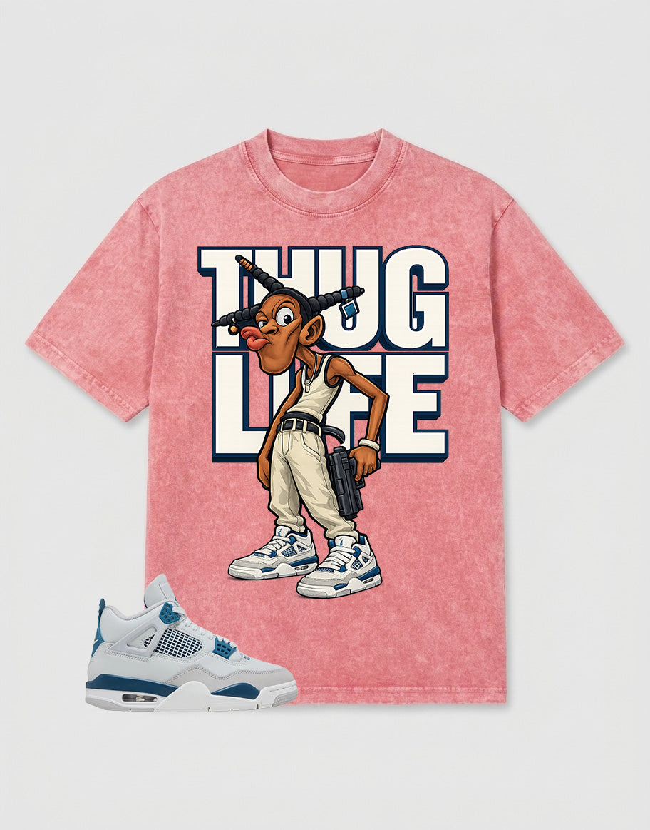 Military Blue 4s Zadago Washed T-shirt Thug Life Graphic