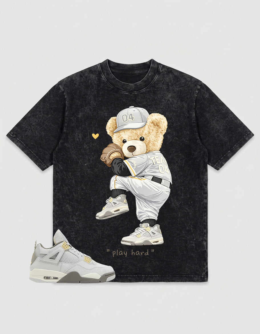 Grey Photon Dust 4s Zadago Washed T-shirt Play Hard Bear Graphic