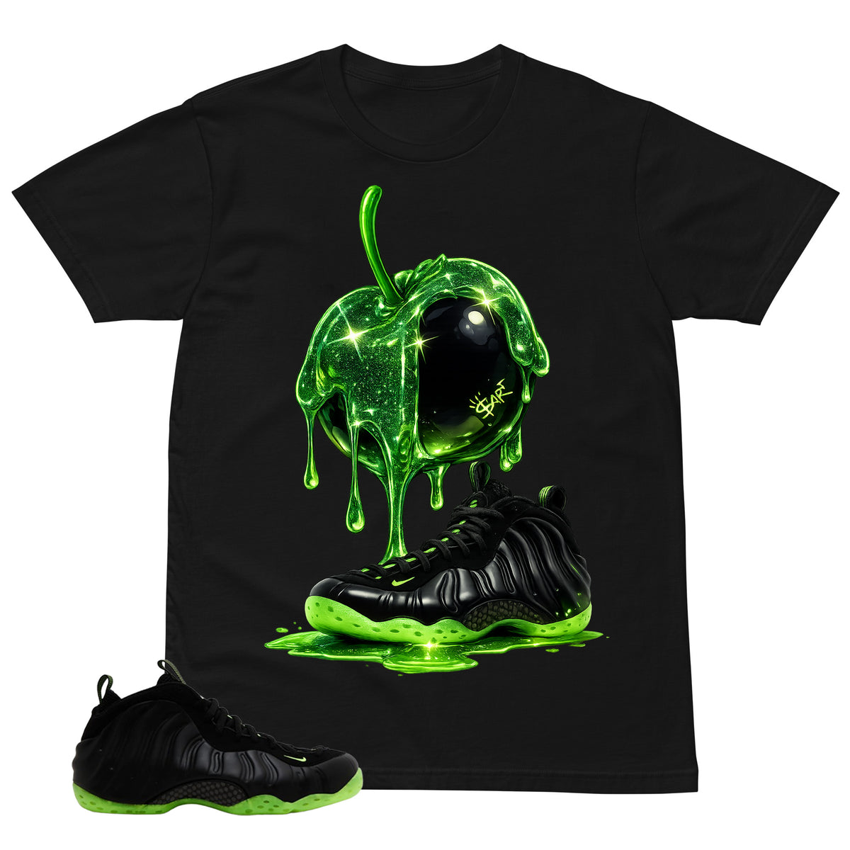 Apple Dripping Sneaker Shirt - Match Air Foamposite One Black Volt