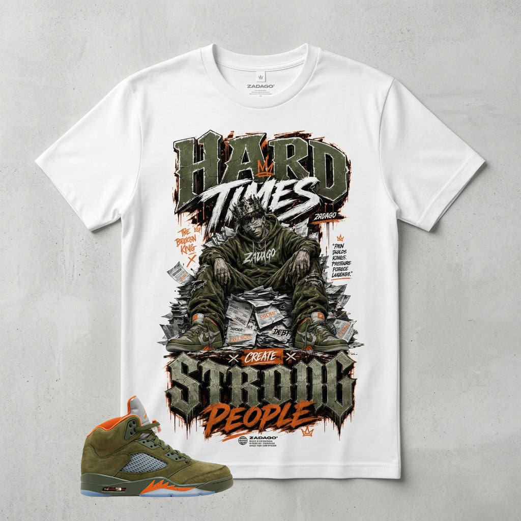 Army Olive 5s Zadago Shirt Hard Times Create Strong People Graphic