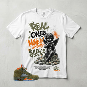 Army Olive 5s Zadago Shirt Real Ones Move In Silence Graphic