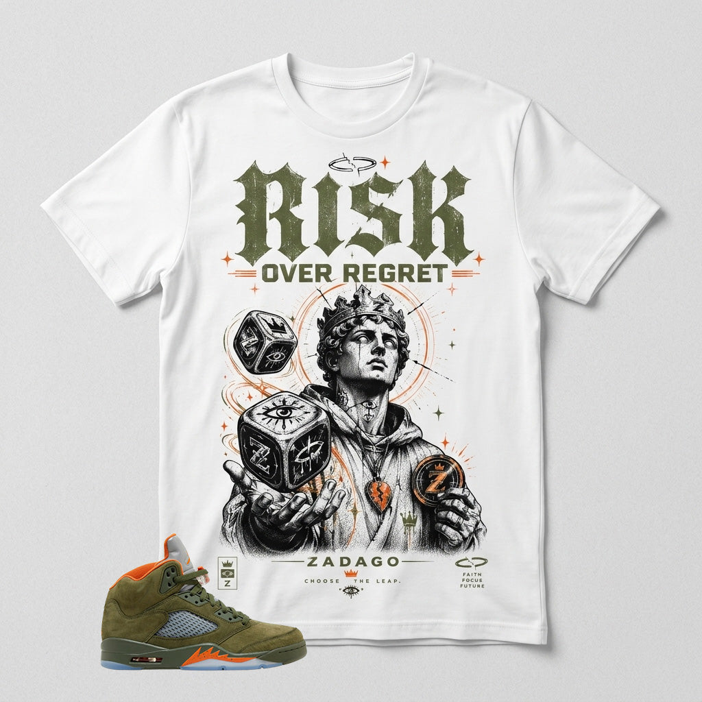 Army Olive 5s Zadago Shirt Risk Over Regret Graphic