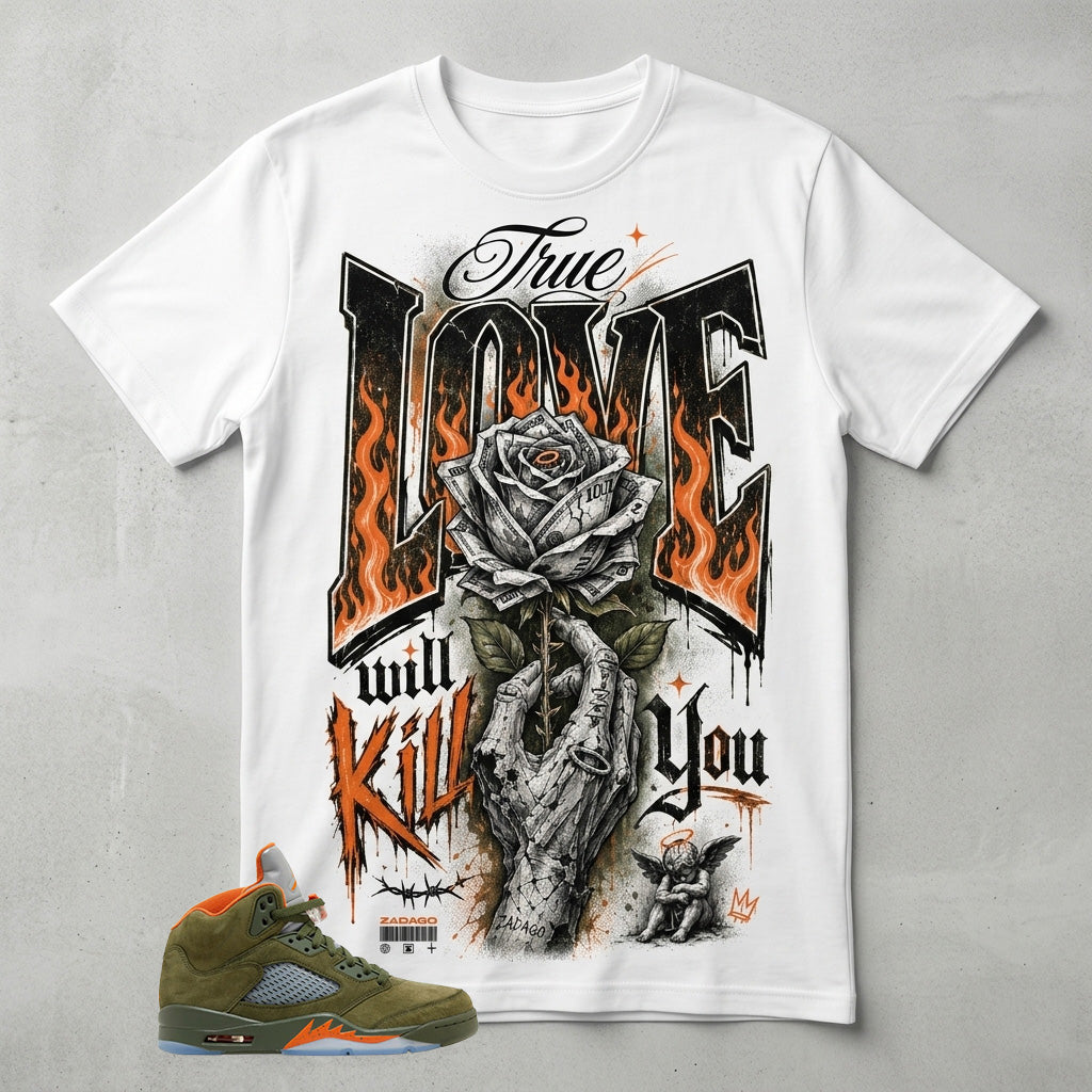 Army Olive 5s Zadago Shirt True Love Will Kill You Graphic