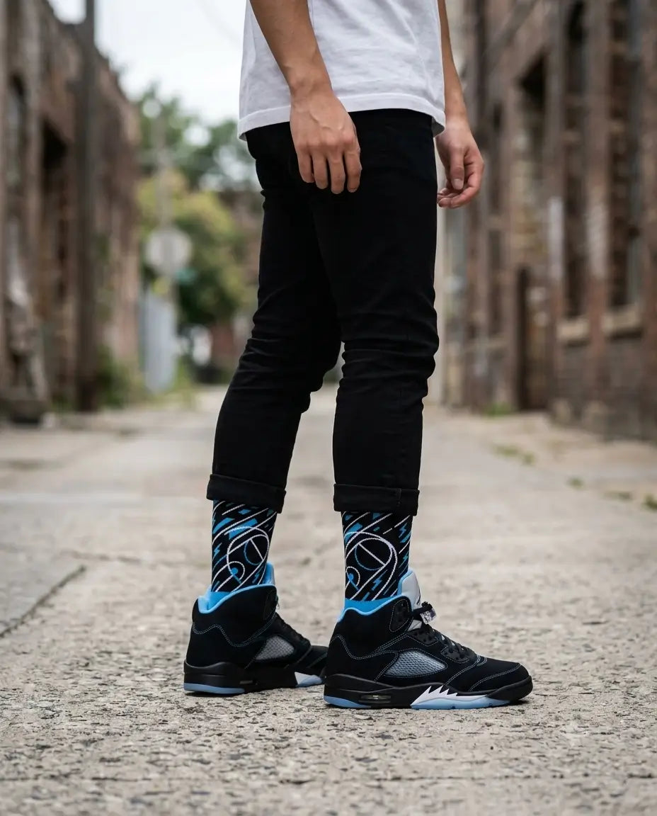 Black Carolina Sneaker Match Socks – Air Jordan 5 Inspired Mid-Calf Crew Socks