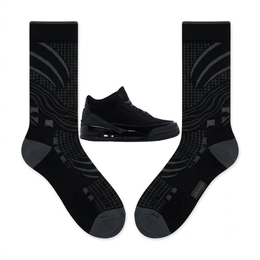 Black Cat 2025 Sneaker Match Socks – Air Jordan 3 Retro Black Cat Inspired Mid-Calf Crew Socks Unisex