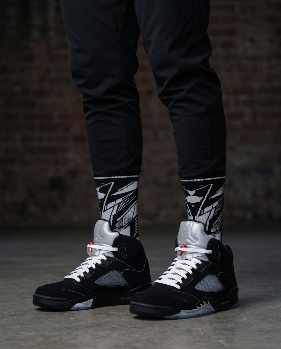 Black Metallic Socks – Retro 5 Inspired Mid-Calf Crew Socks