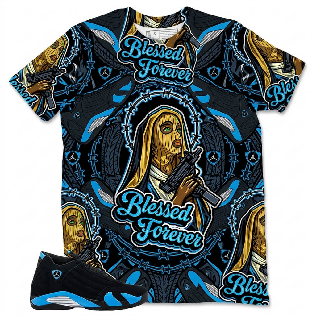 Blessed Forever All Over Print Shirt Match Air Jordan 14 Black University Blue