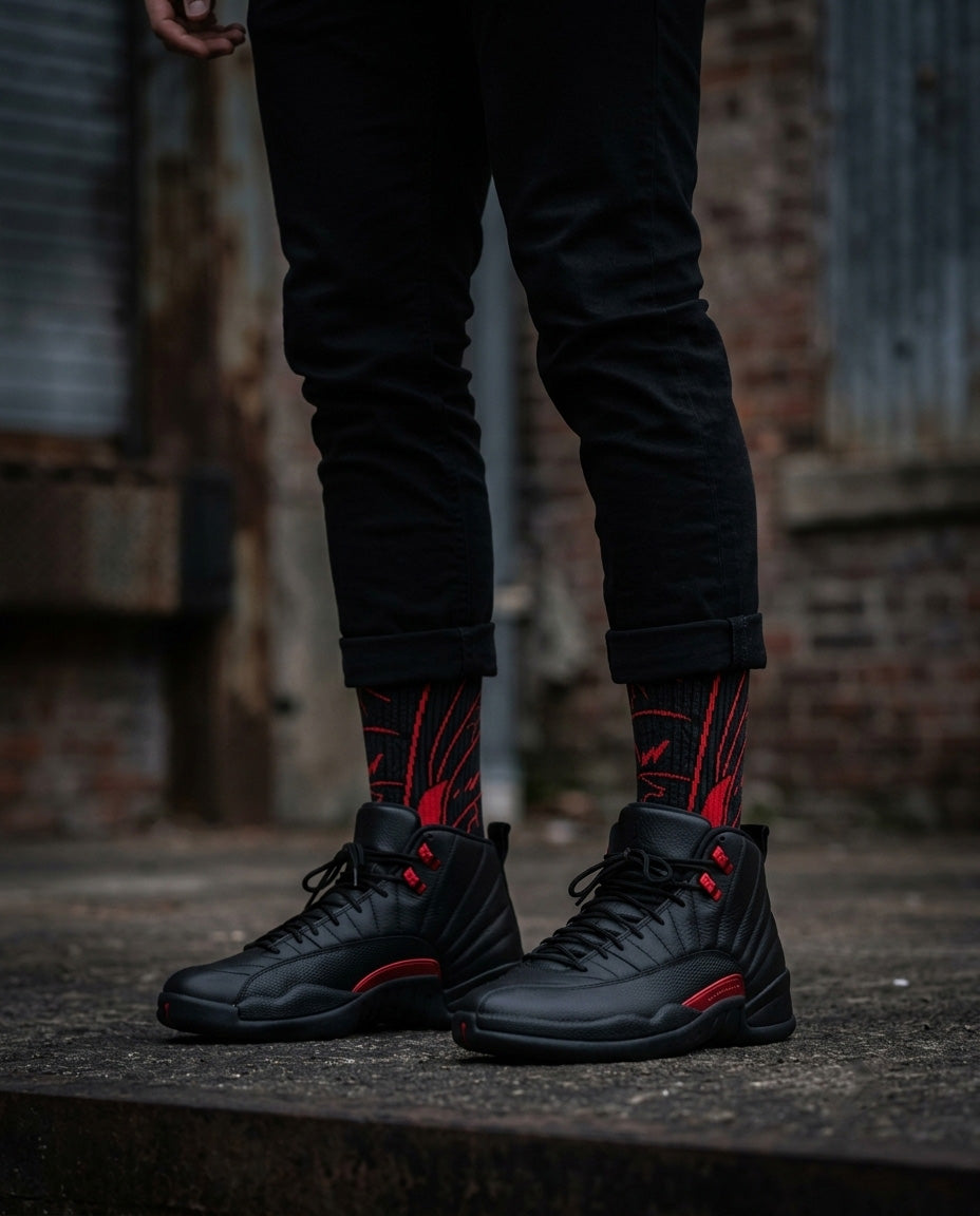 Bloodline Socks – Air Jordan 12 Inspired Mid-Calf Unisex Crew Socks