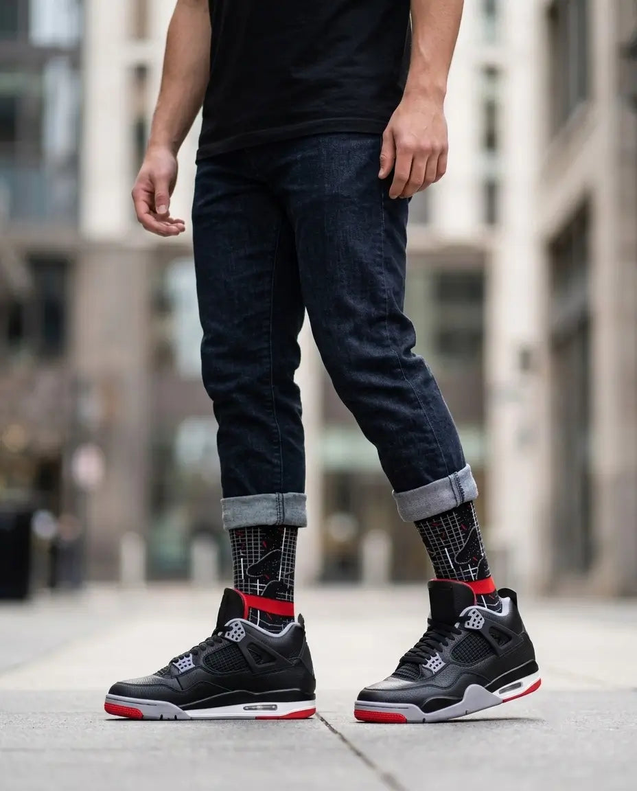 Bred Reimagined Socks – Air Jordan 4 Inspired Mid-Calf Unisex Crew Socks