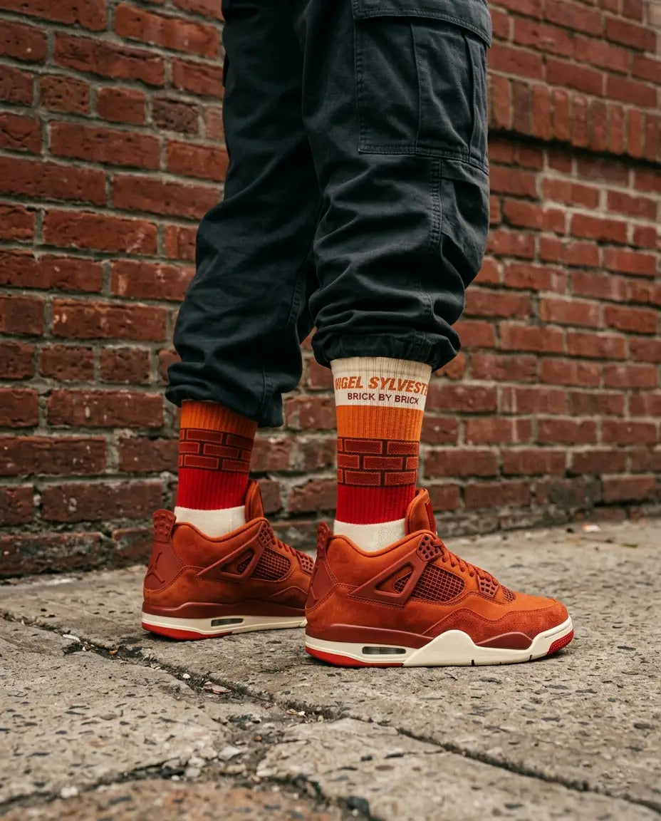 Brick By Brick Sneaker Match Socks – Nigel Sylvester x Air Jordan 4 Retro OG SP Inspired Mid-Calf Crew Socks