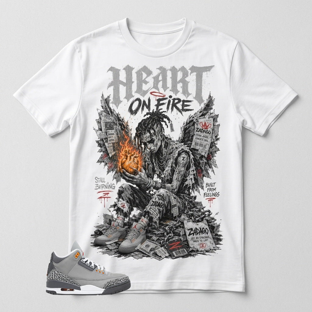 Cool Grey 3s Zadago Shirt Heart On Fire Graphic