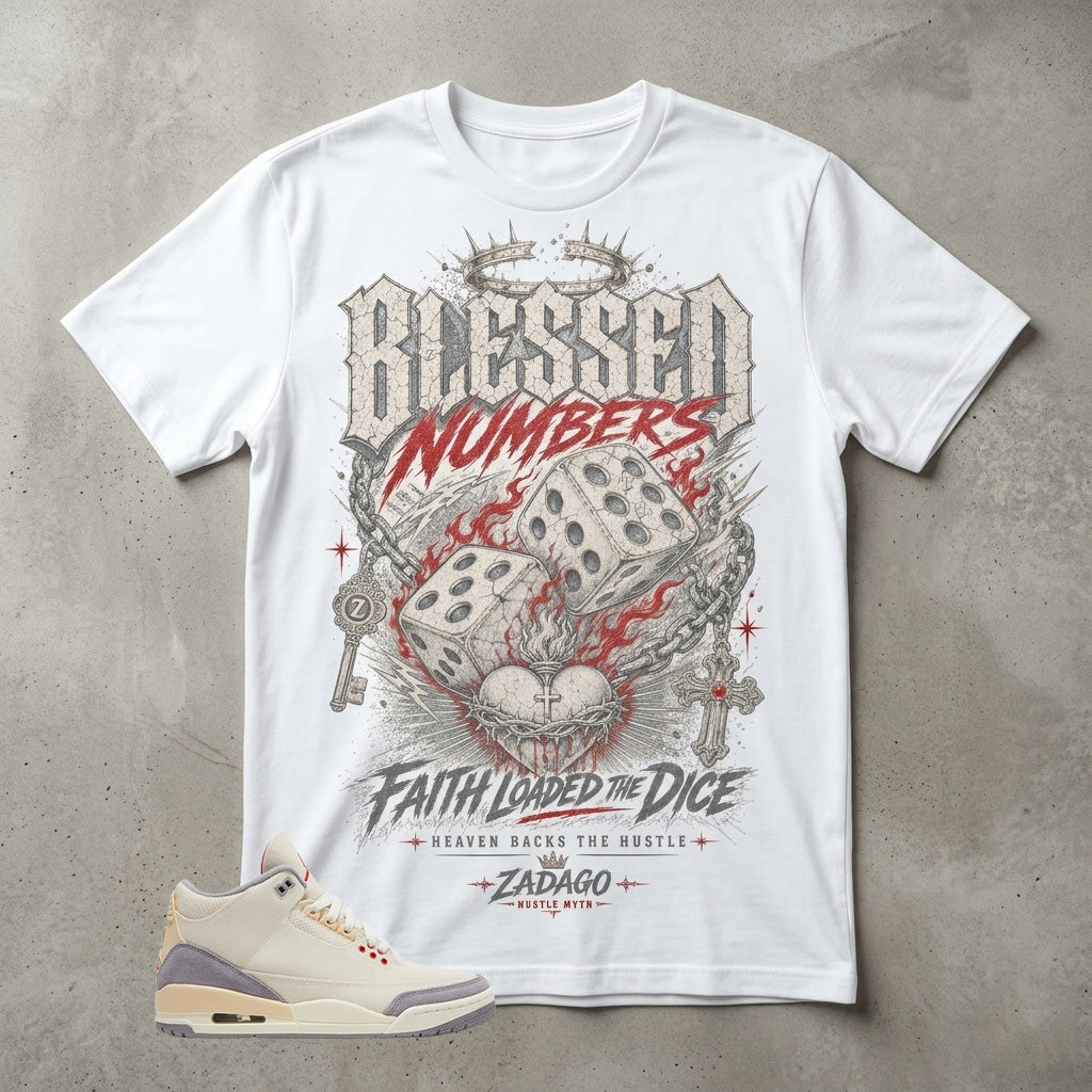 Cream Muslin 3s Zadago Shirt Blessed Numbers Graphic