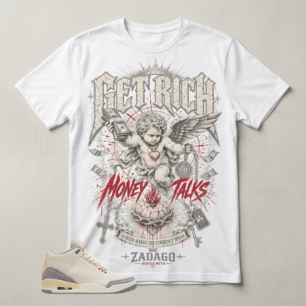 Cream Muslin 3s Zadago Shirt Get Rich Money Talk Graphic