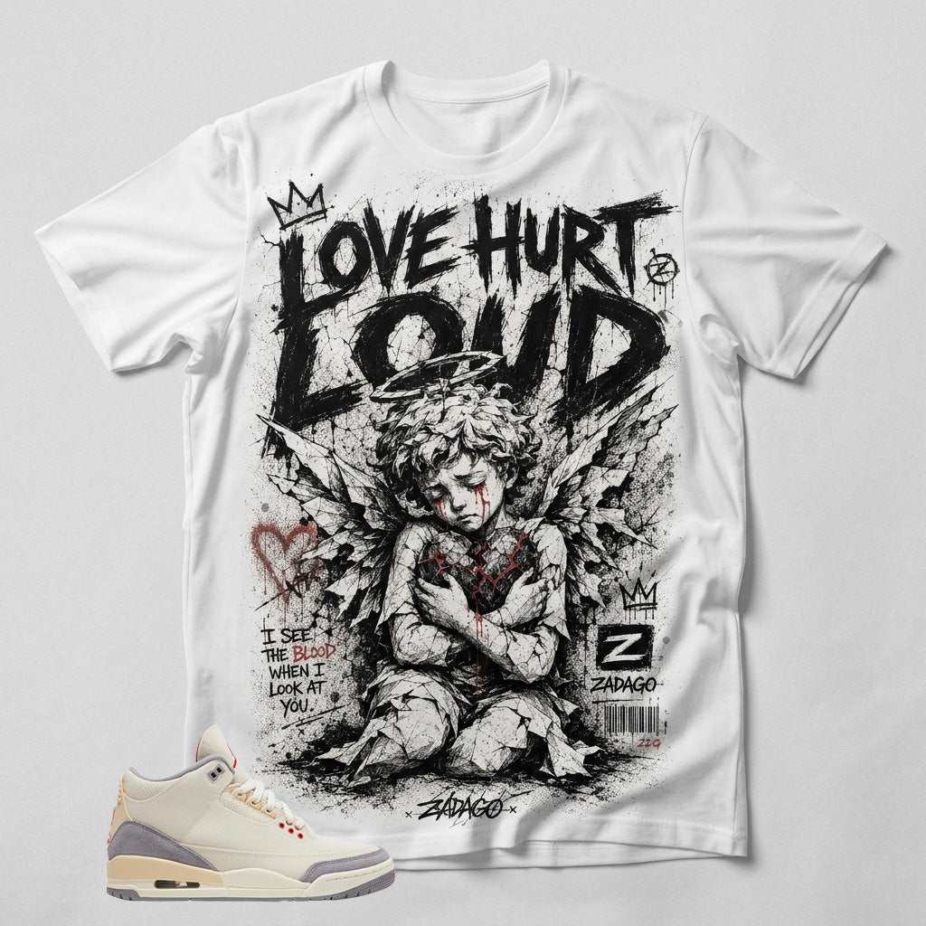 Cream Muslin 3s Zadago Shirt Love Hurt Loud Graphic