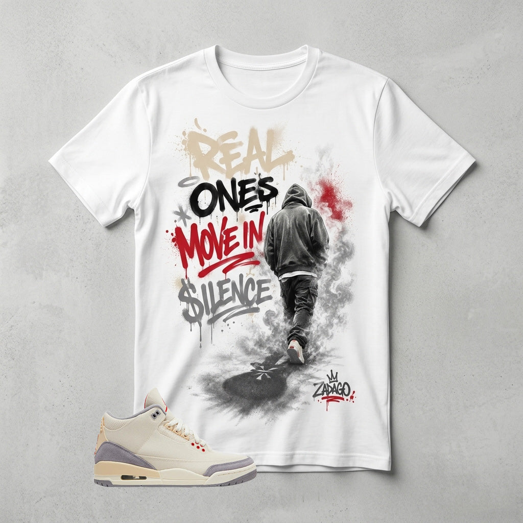 Cream Muslin 3s Zadago Shirt Real Ones Move In Silence Graphic