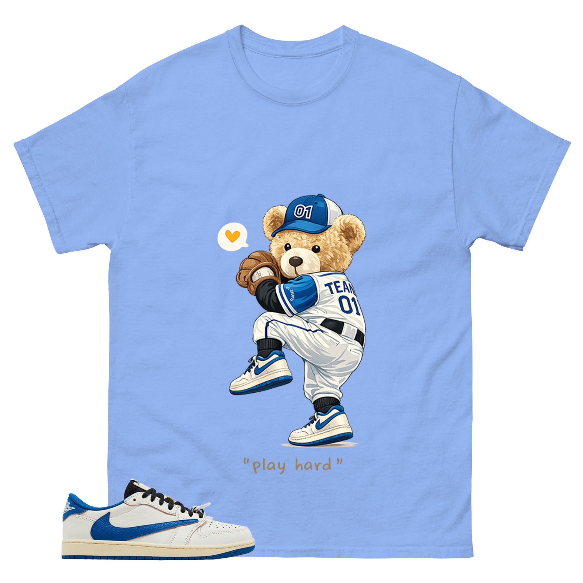 Cream Travis Scott Fragment Sail Military Blue 1s Shirt Baseball Play Hard Graphic