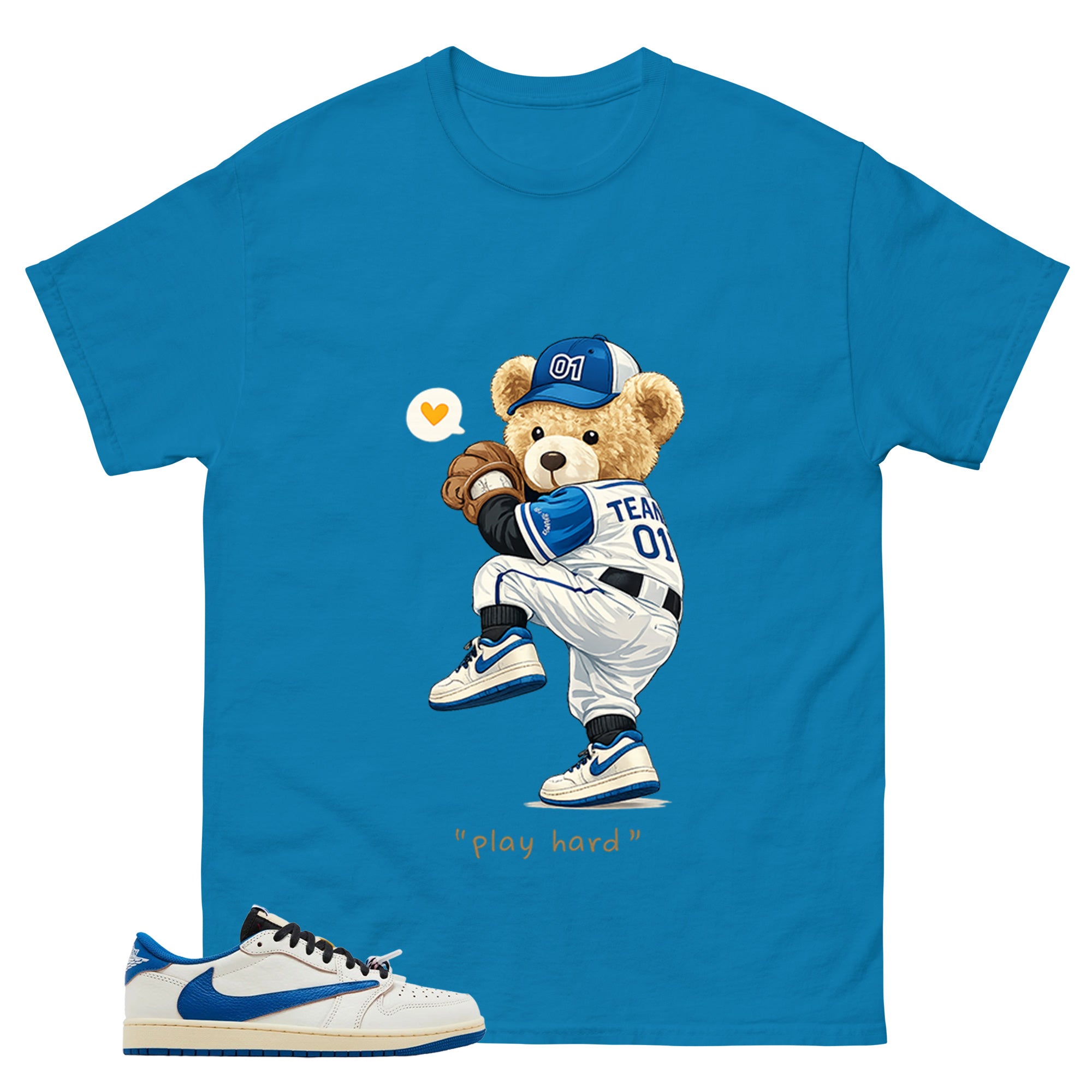 Cream Travis Scott Fragment Sail Military Blue 1s Shirt Baseball Play Hard Graphic