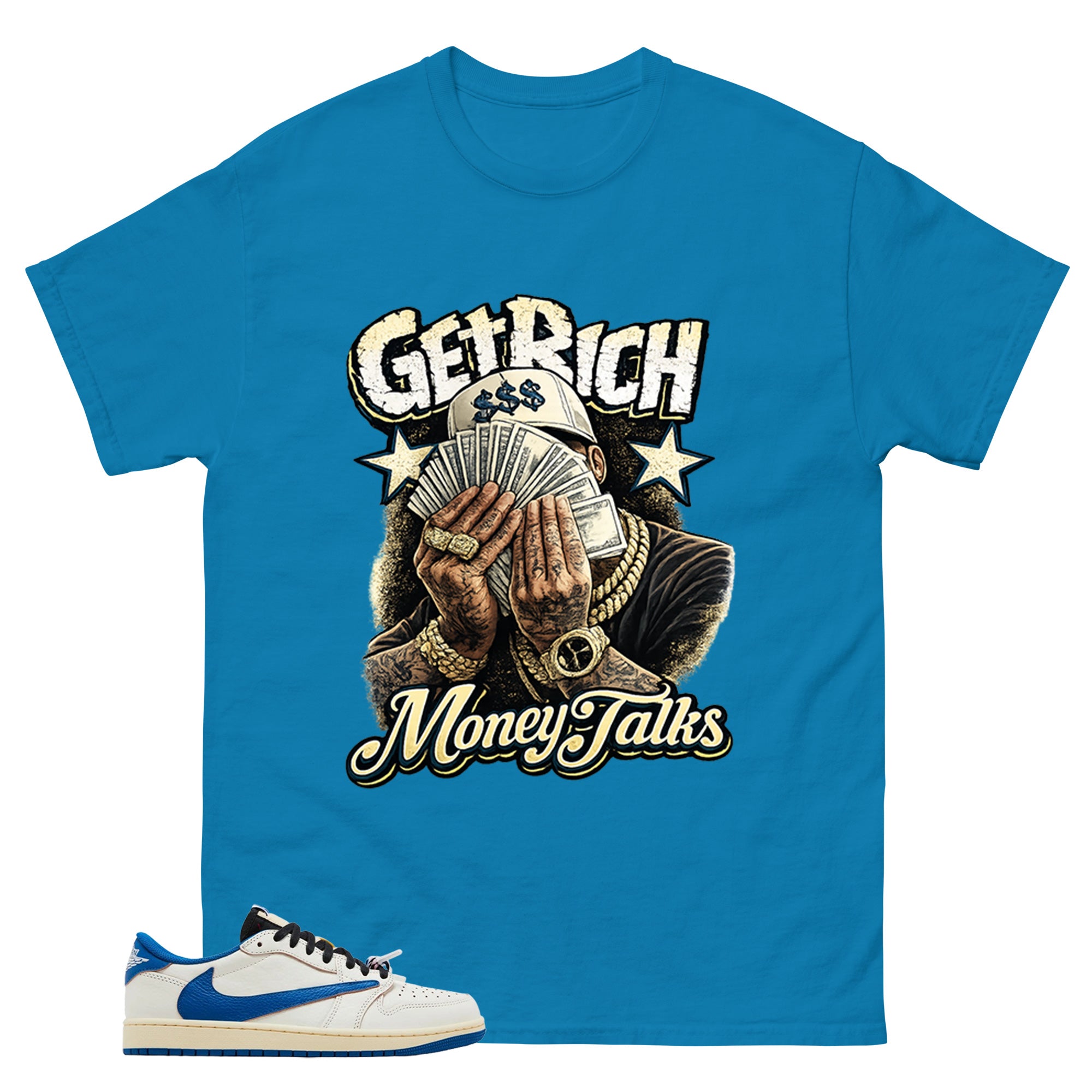 Cream Travis Scott Fragment Sail Military Blue 1s Shirt Get Rich Money Talk Graphic