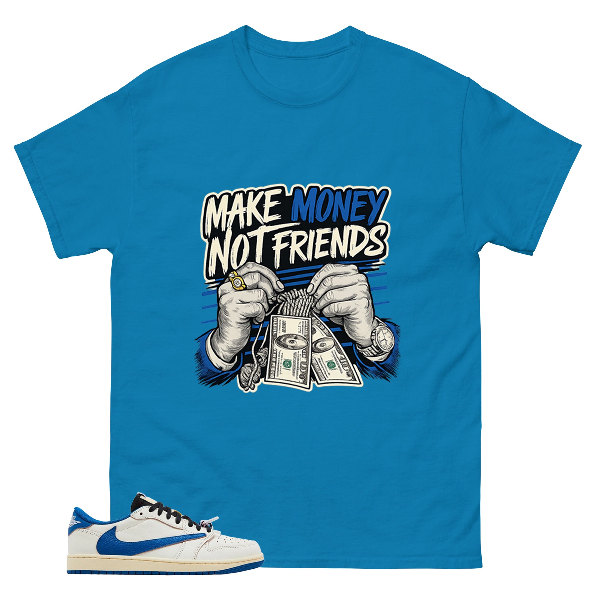 Cream Travis Scott Fragment Sail Military Blue 1s Shirt Make Money Not Friend Graphic