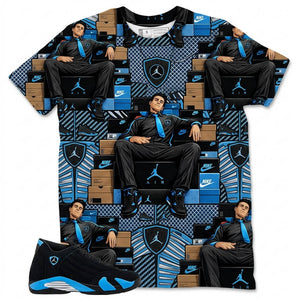 Fresh Sneaker All Over Print Shirt Match Air Jordan 14 Black University Blue