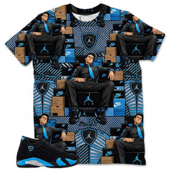 Fresh Sneaker All Over Print Shirt Match Air Jordan 14 Black University Blue